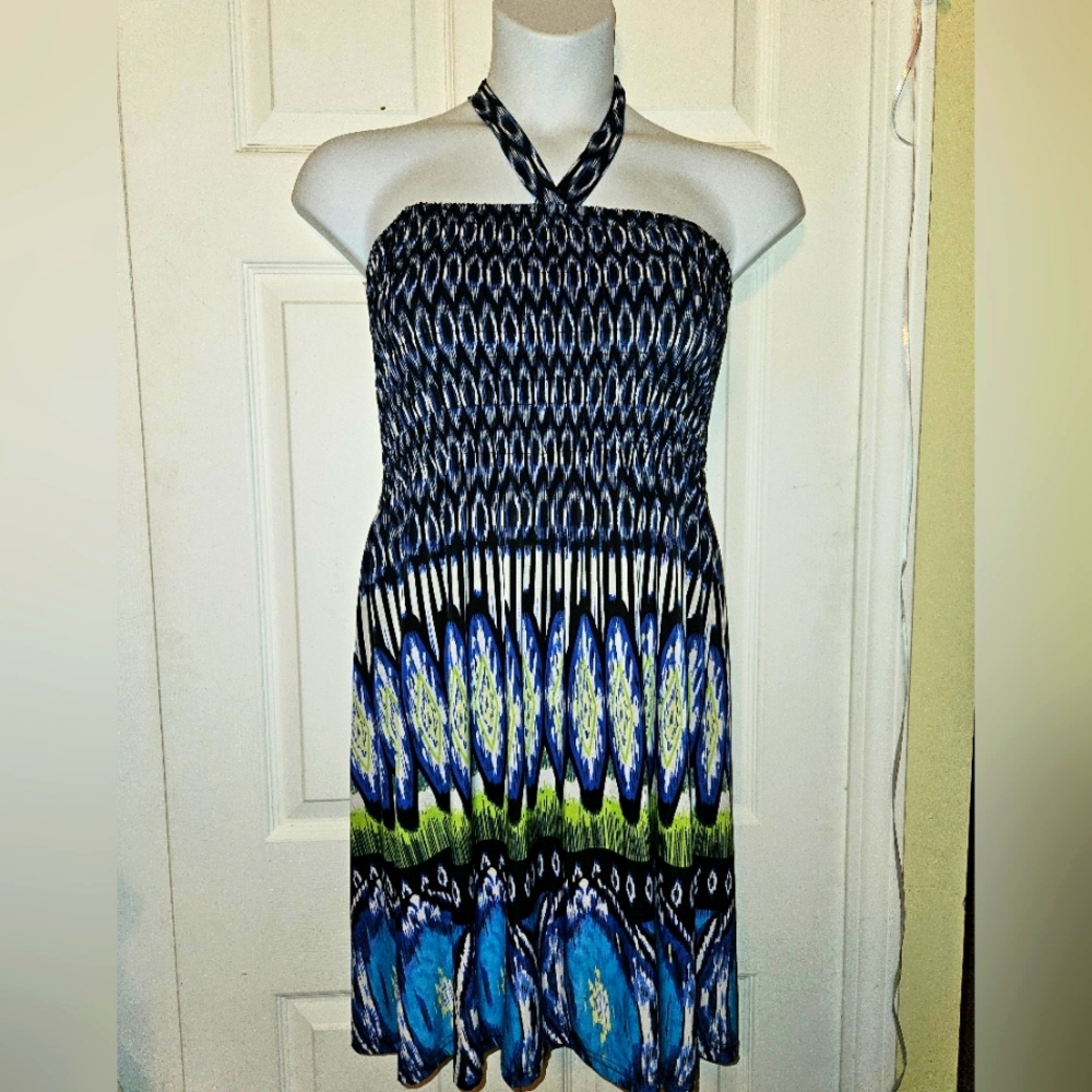 #235 Just Love- Blue and Black Printed Halter Dress,Size: 1X